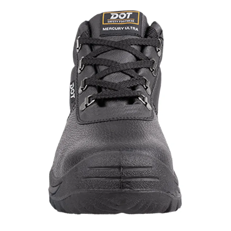 Front View of a Gray Dot Mercury Ultra Safety Boot with Black Laces Showing Reinforced Toe and Treaded Sole