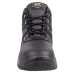 Black Work Boot Viewed from the Front Showing Laced Upper Metal Eyelets and Rugged Sole for Safety Footwear