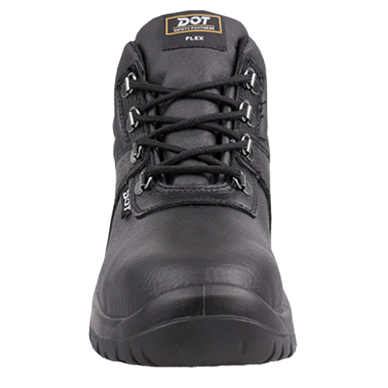 Black Work Boot Viewed from the Front Showing Laced Upper Metal Eyelets and Rugged Sole for Safety Footwear