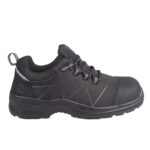 Side View of a Black Rugged Hiking Shoe with Grey Stitch Patterns and a Thick Treaded Sole
