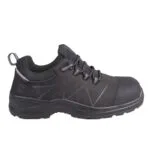 Side View of a Black Rugged Hiking Shoe with Grey Stitch Patterns and a Thick Treaded Sole