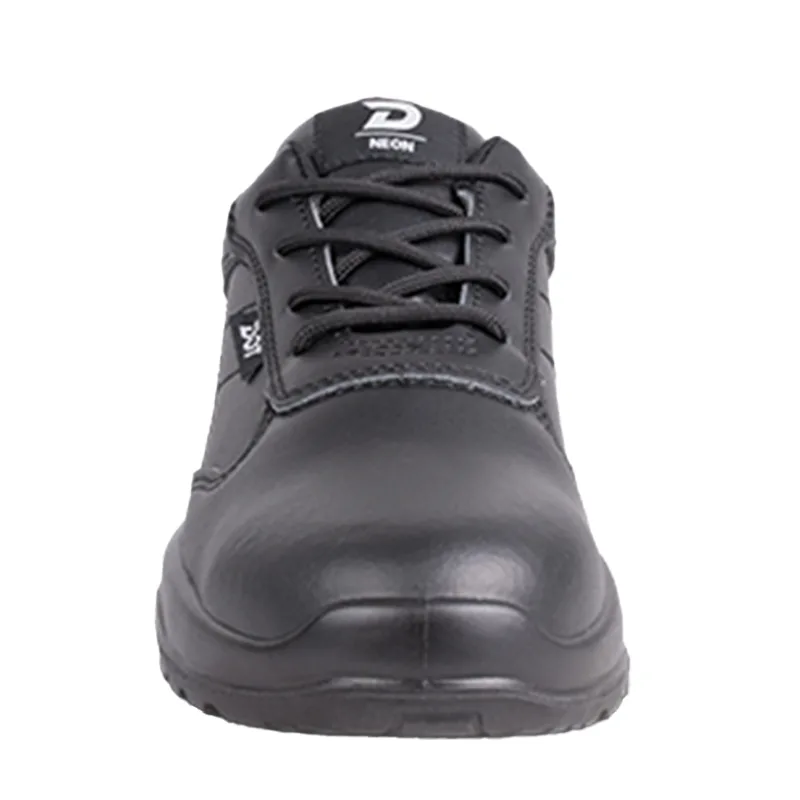 Front View of a Black Leather Work Boot with Laces and a Reinforced Toe Cap for Safetywear Safety Footwear