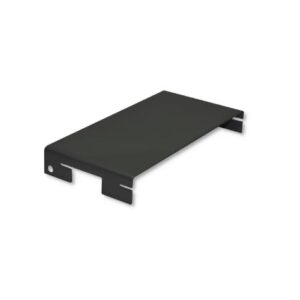 Black metal under-desk mounting shelf with side brackets and a flat platform (keyboard tray support).