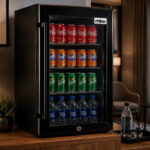 3 | Securadeal Fridge Stocked with Cocacola Cans Fanta Orange Sprite and Bon Aqua Water on Wooden Surface in a Hotel Room Setting