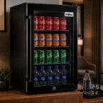 3 | Securadeal Fridge Stocked with Cocacola Cans Fanta Orange Sprite and Bon Aqua Water on Wooden Surface in a Hotel Room Setting