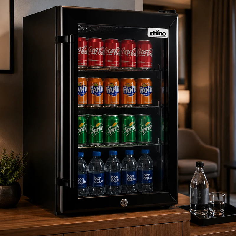 3 | Securadeal Fridge Stocked with Cocacola Cans Fanta Orange Sprite and Bon Aqua Water on Wooden Surface in a Hotel Room Setting