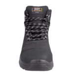 Front View of a Black Safety Boot with Round Patterned Laces and a Padded Tongue Labeled Dot Blaze construction Footwear
