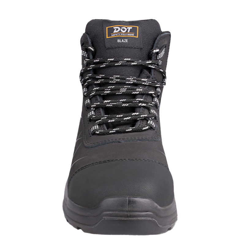 3 | Securadeal Front View of a Black Safety Boot with Round Patterned Laces and a Padded Tongue Labeled Dot Blaze construction Footwear