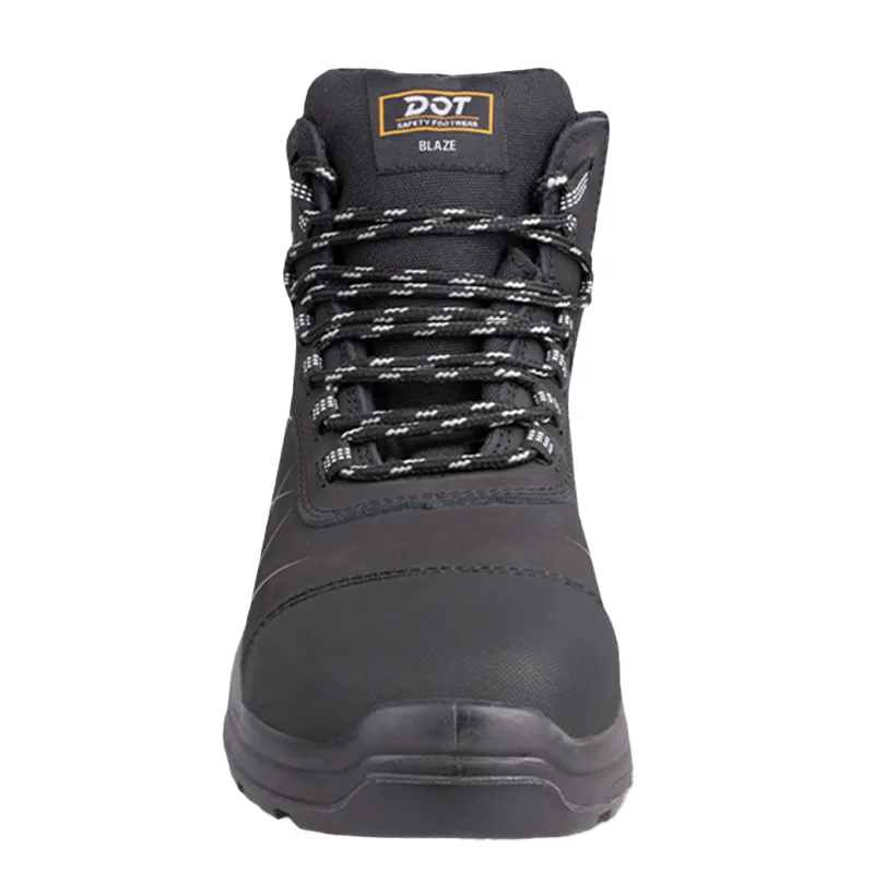 Front View of a Black Safety Boot with Round Patterned Laces and a Padded Tongue Labeled Dot Blaze construction Footwear