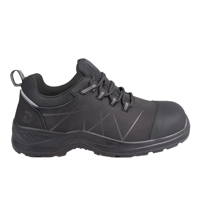 Side View of a Black Rugged Hiking Shoe with Grey Stitch Patterns and a Thick Treaded Sole