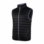 Black Quilted Sleeveless Puffer Vest with Front Zipper and Light Gray Trim Around Edges