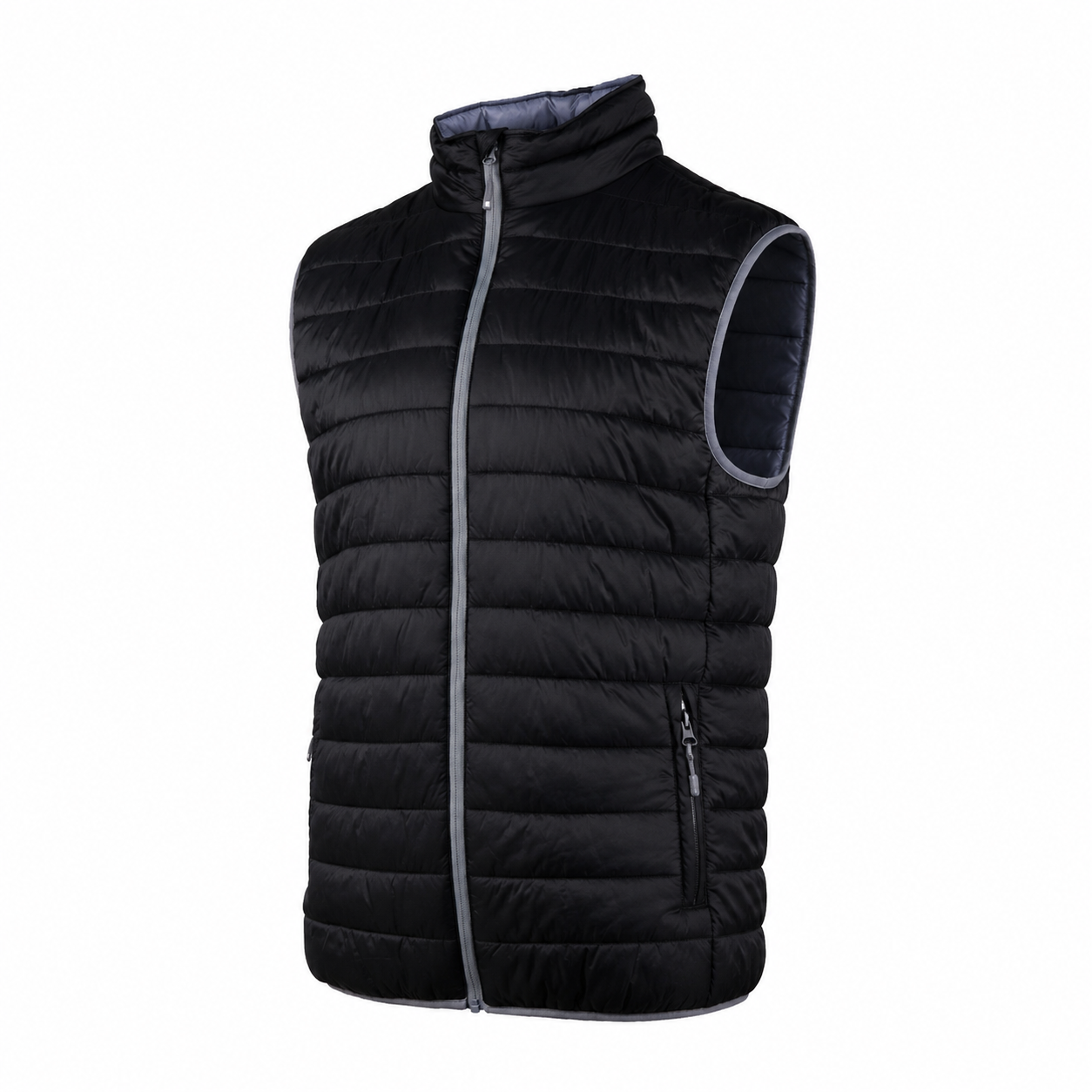 39668967-3631-45e8-83ce-1d6f42ca955f | Securadeal Black Quilted Sleeveless Puffer Vest with Front Zipper and Light Gray Trim Around Edges