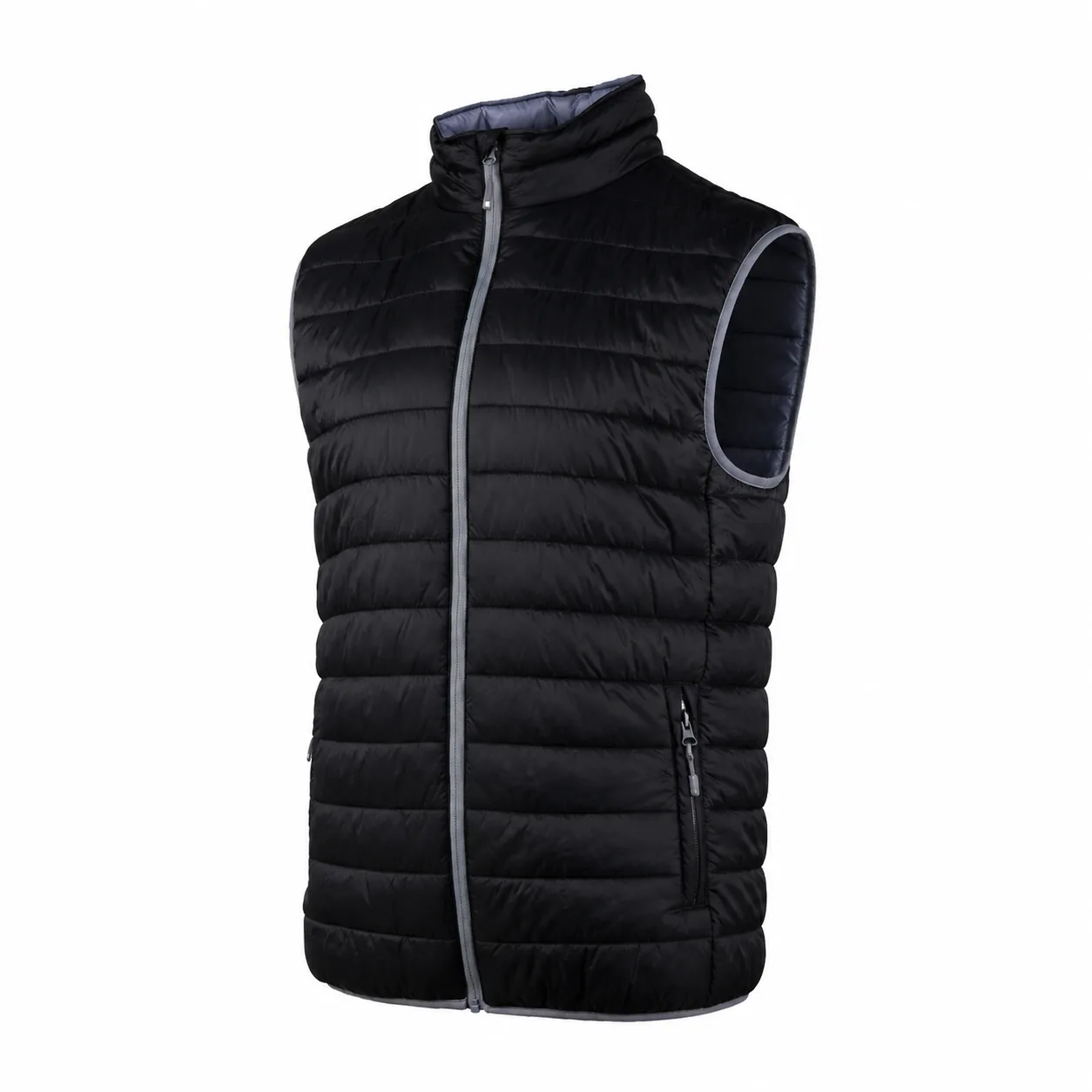 Black Quilted Sleeveless Puffer Vest with Front Zipper and Light Gray Trim Around Edges