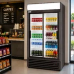 3b9393d3-ce02-4644-94bc-0bf08ef9f94a | Securadeal Cafe Counter with a Coffee Menu Board and Shelves of Snacks Beside a Large Glass door Beverage Cooler Stocked with Sodas and Juices