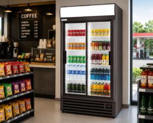 Cafe Counter with a Coffee Menu Board and Shelves of Snacks Beside a Large Glass door Beverage Cooler Stocked with Sodas and Juices