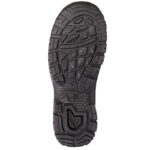 Black Rugged Rubber Shoe Sole with Deep Tread and Multidirectional Lugs for Traction