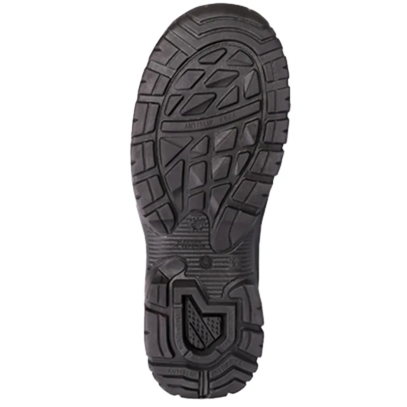 Black Rugged Rubber Shoe Sole with Deep Tread and Multidirectional Lugs for Traction