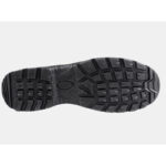 Bottom View of a Black Rubber Shoe Sole with Rugged Tread for Traction