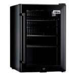 4 | Securadeal Open Black Mini Fridge with Multiple Metal Shelves Visible Inside Small Lock at Bottom and Brand Label on Top right Door Edge