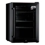 4 | Securadeal Open Black Mini Fridge with Multiple Metal Shelves Visible Inside Small Lock at Bottom and Brand Label on Top right Door Edge