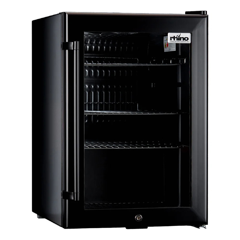 4 | Securadeal Open Black Mini Fridge with Multiple Metal Shelves Visible Inside Small Lock at Bottom and Brand Label on Top right Door Edge