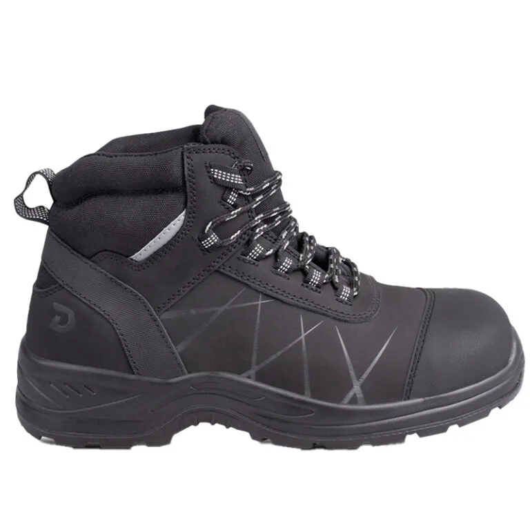 Black hiking boot with padded collar, plaid laces, and rugged outsole for outdoor use.