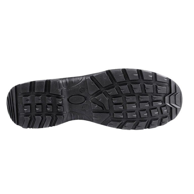 Bottom view of a black boot sole with aggressive lug tread for grip on rough terrain
