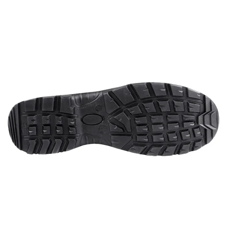 Bottom view of a black boot sole with aggressive lug tread for grip on rough terrain