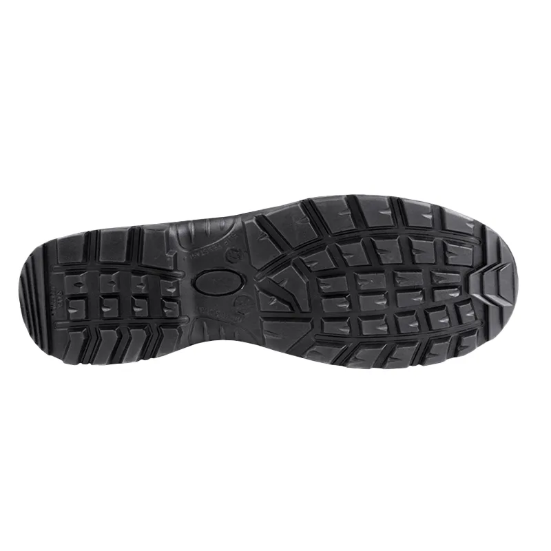 Bottom View of a Black Boot Sole with Aggressive Lug Tread for Grip on Rough Terrain