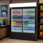 43d8de71-b780-4720-8416-985e6b0f8629 | Securadeal Full height Refrigerated Display Case with Sliding Glass Doors Stocked with Colorful Soda Cans Juices and Bottled Water Snack Shelves with Chips on the Right