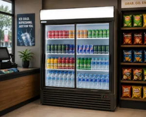 43d8de71-b780-4720-8416-985e6b0f8629 | Securadeal Full height Refrigerated Display Case with Sliding Glass Doors Stocked with Colorful Soda Cans Juices and Bottled Water Snack Shelves with Chips on the Right