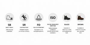 Six circular icons detailing safety-boot features: toe protection (SB), slip resistance (SR), fuel/oil resistance (FO), ISO 20345:2022 certification, and color options black or brown.
