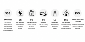 4e98f1f3-bd1f-4c34-b412-718cdf5e1d39 | Securadeal Row of Circular Icons with Safety Features S3s Slip Resistant Fuel Oil Resistant Scuff Cap Ladder Grip Esd Certified and En Iso 203452022
