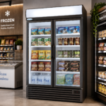 6b012e72-d42c-4cc5-84e7-48d0f1eb6aaf | Securadeal Double door Glass Freezer in a Supermarket Filled with Frozen Foods and Snacks cakes Ice Oreos Nuggets on Illuminated Shelves