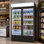 6b012e72-d42c-4cc5-84e7-48d0f1eb6aaf | Securadeal Double door Glass Freezer in a Supermarket Filled with Frozen Foods and Snacks cakes Ice Oreos Nuggets on Illuminated Shelves