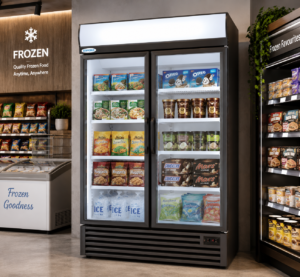 6b012e72-d42c-4cc5-84e7-48d0f1eb6aaf | Securadeal Double door Glass Freezer in a Supermarket Filled with Frozen Foods and Snacks cakes Ice Oreos Nuggets on Illuminated Shelves