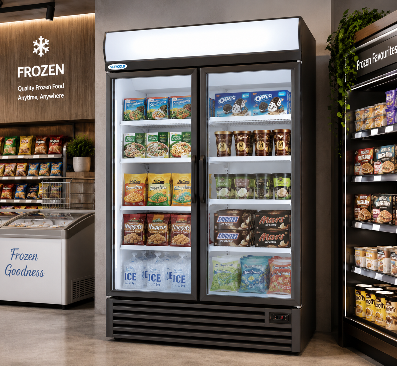 6b012e72-d42c-4cc5-84e7-48d0f1eb6aaf | Securadeal Double door Glass Freezer in a Supermarket Filled with Frozen Foods and Snacks cakes Ice Oreos Nuggets on Illuminated Shelves