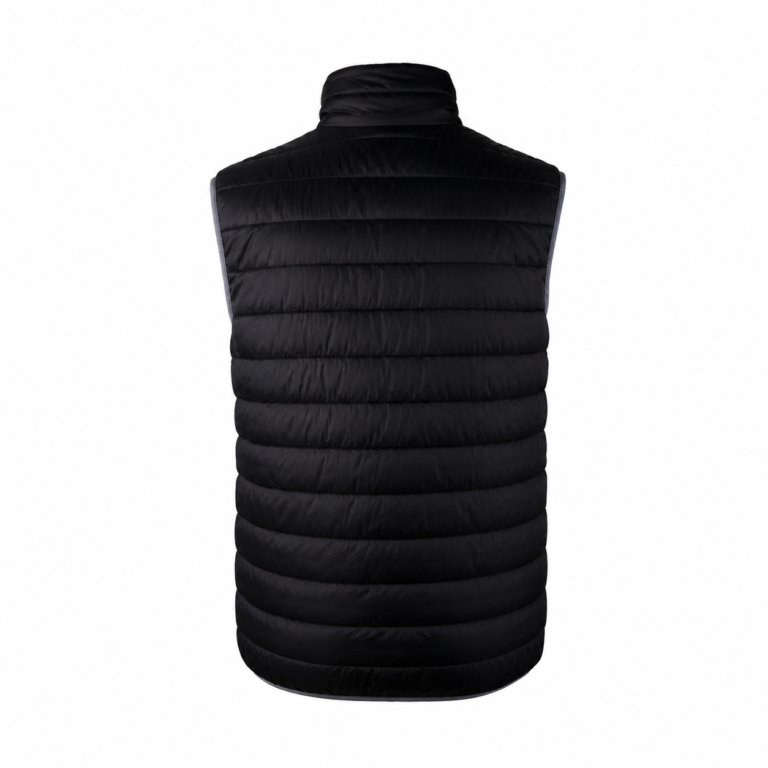 Back view of a black quilted puffer vest with a stand-up collar, sleeveless silhouette