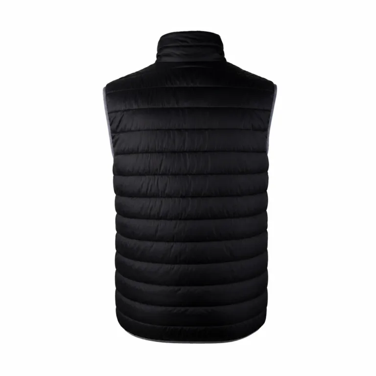 Back view of a black quilted puffer vest with a stand-up collar, sleeveless silhouette