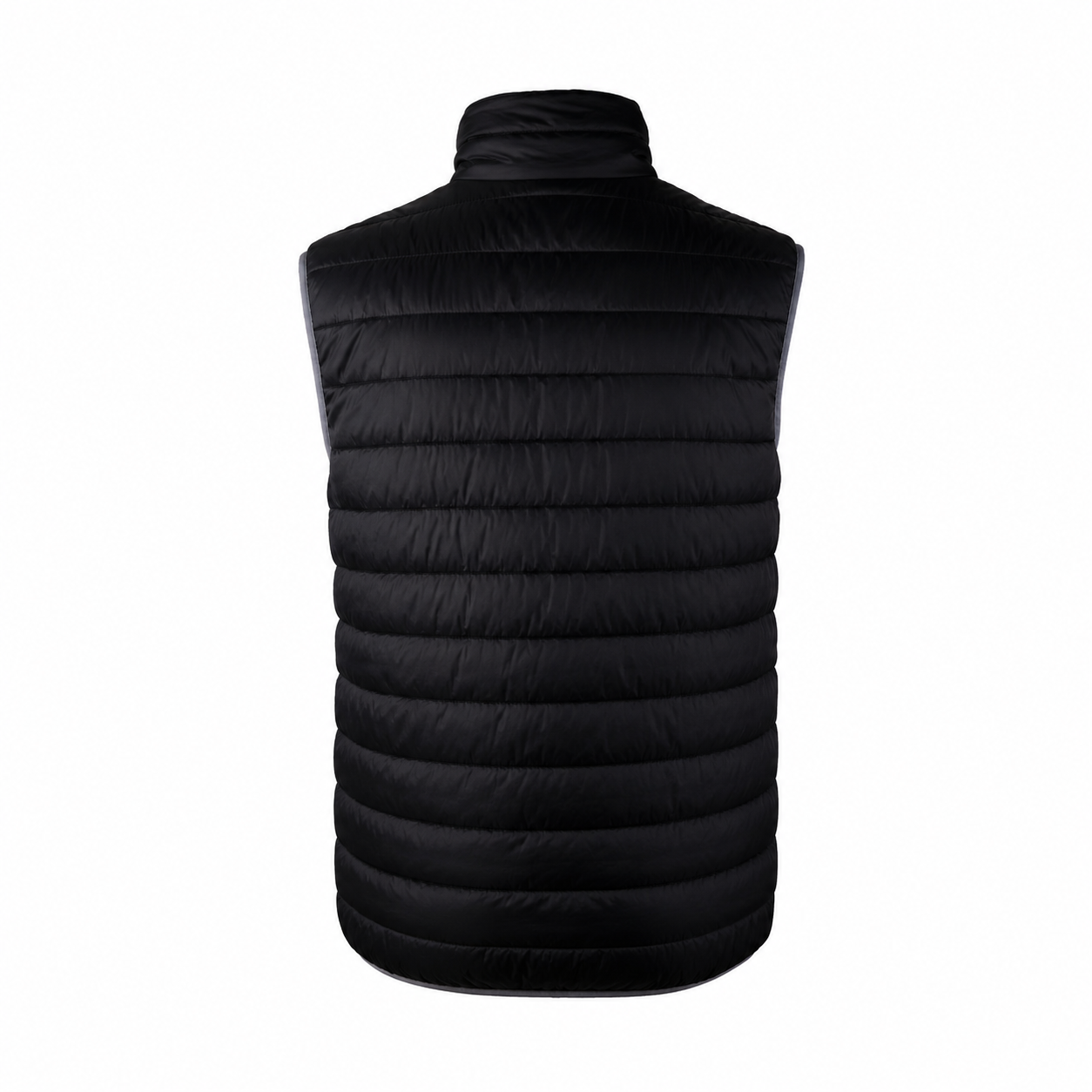 89223784-30f9-426a-8a45-af0e666ccf79 | Securadeal Back View of a Black Quilted Puffer Vest with a Stand up Collar Sleeveless Silhouette