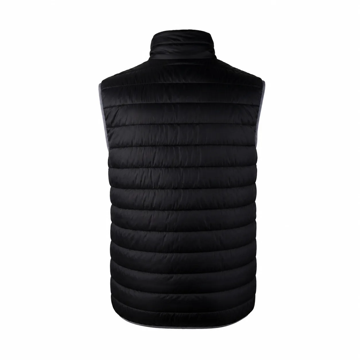 Back View of a Black Quilted Puffer Vest with a Stand up Collar Sleeveless Silhouette
