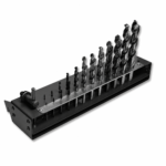 96ac1223-a335-4e80-bab5-326751c010f4 | Securadeal Set of Twist Drill Bits in a Metal Rack Arranged by Size for Machining Tasks