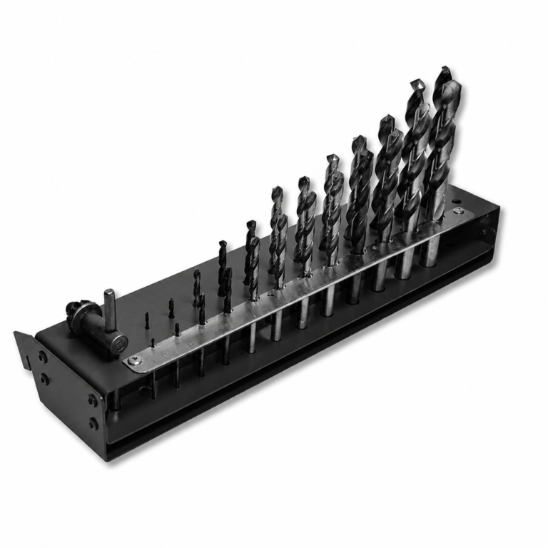 Set of twist drill bits in a metal rack arranged by size for machining tasks