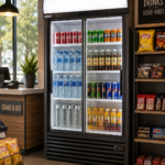 9fc894a7-549b-499a-a30b-4fed37fba9f3 | Securadeal Cold Beverage Cooler in a Shop Full of Sodas Water and Juice Bottles Beside a Snack Stand