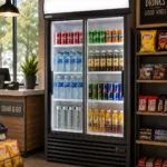 9fc894a7-549b-499a-a30b-4fed37fba9f3 | Securadeal Cold Beverage Cooler in a Shop Full of Sodas Water and Juice Bottles Beside a Snack Stand
