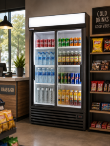 9fc894a7-549b-499a-a30b-4fed37fba9f3 | Securadeal Cold Beverage Cooler in a Shop Full of Sodas Water and Juice Bottles Beside a Snack Stand