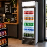 ChatGPT Image May 20 2026 02_00_19 PM | Securadeal a Tall Glass door Beverage Refrigerator in a Café Stocked with Coca cola Fanta Sprite Bonaqua Water and Energy Drinks Beside a Snack Shelf and Coffee Bar