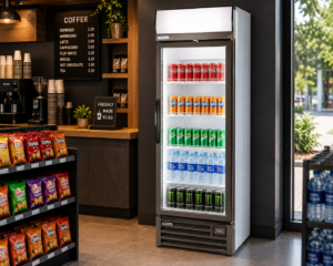 ChatGPT Image May 20 2026 02_00_19 PM | Securadeal a Tall Glass door Beverage Refrigerator in a Café Stocked with Coca cola Fanta Sprite Bonaqua Water and Energy Drinks Beside a Snack Shelf and Coffee Bar