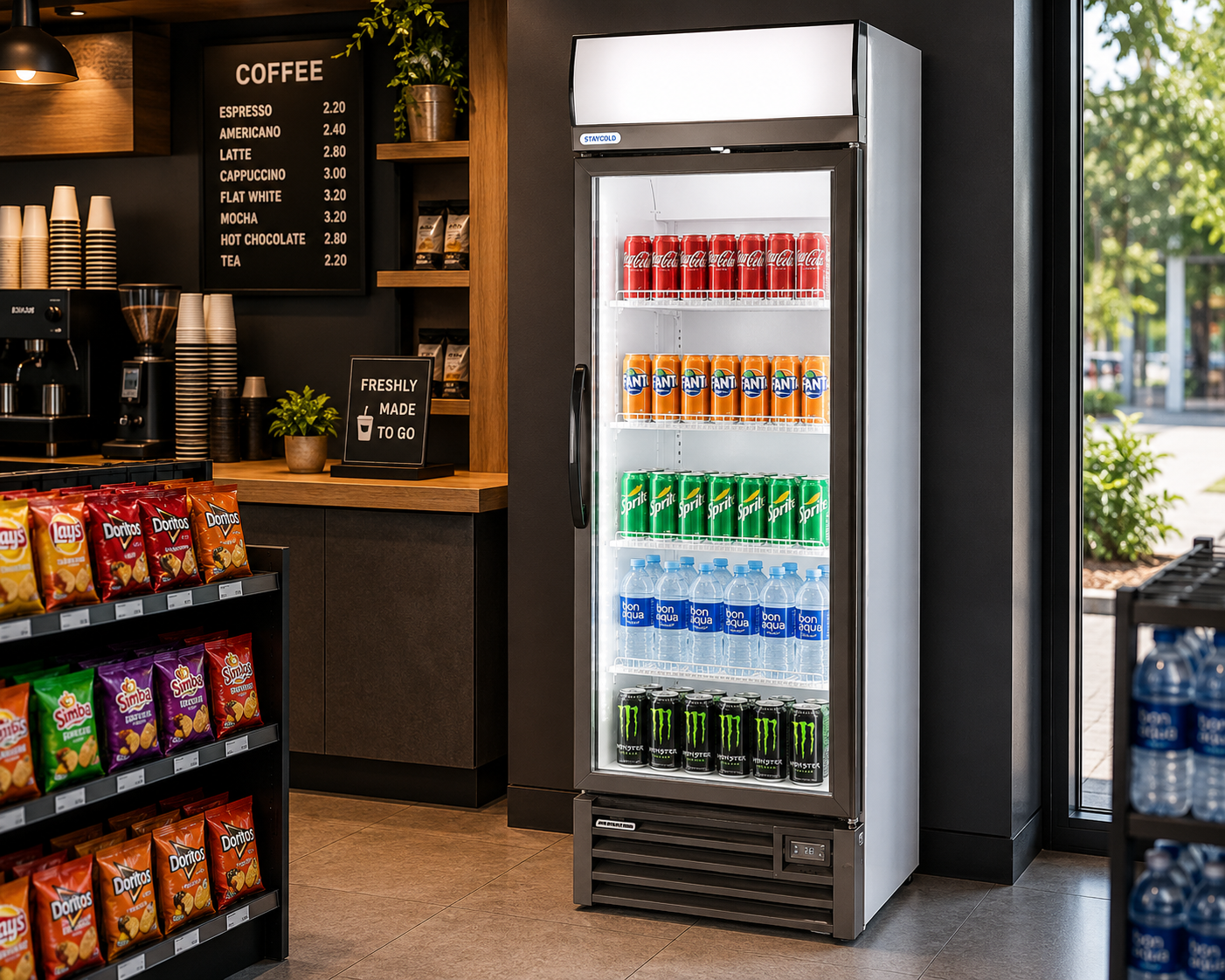 ChatGPT Image May 20 2026 02_00_19 PM | Securadeal a Tall Glass door Beverage Refrigerator in a Café Stocked with Coca cola Fanta Sprite Bonaqua Water and Energy Drinks Beside a Snack Shelf and Coffee Bar