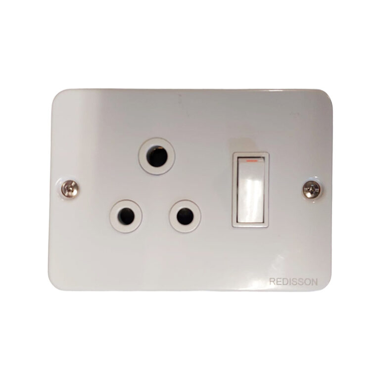 White plastic wall plate with three round socket outlets and a vertical rocker switch (RedissoN brand)